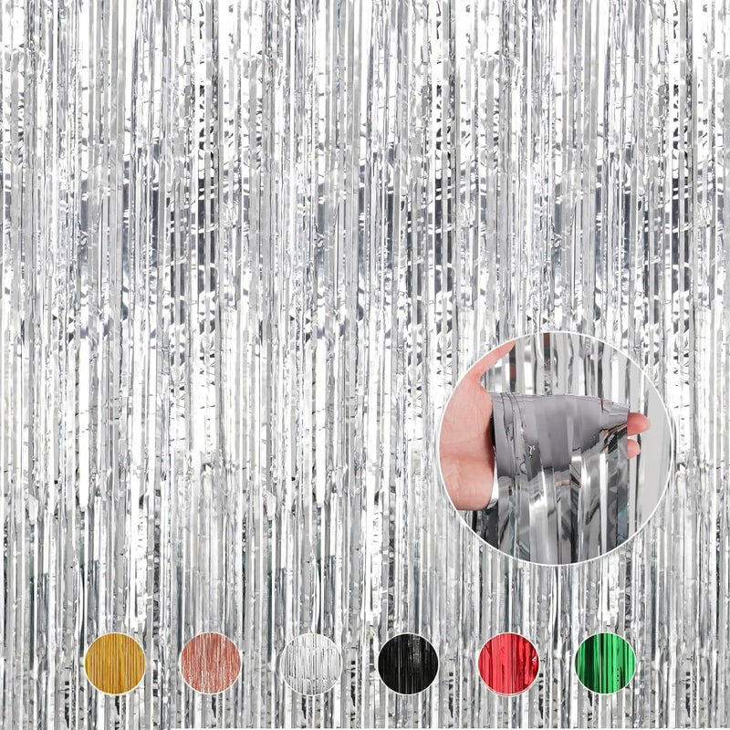 YESON Silver Foil Fringe Curtains Metallic Tinsel Shimmer Curtain Party Backdrop Decorations,Pack of 4 - Image 1